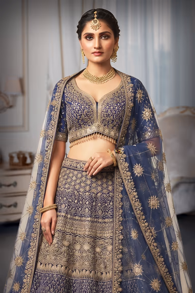 Navy blue Lehanga with intricate Golden Thread Work — view 1 of 2