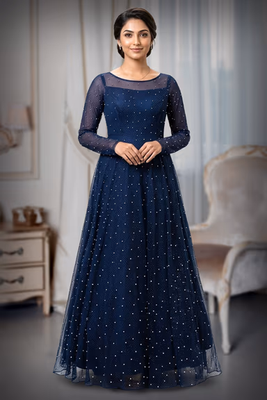 Navy Blue Net Gown with Pearl Detailing — view 2 of 2