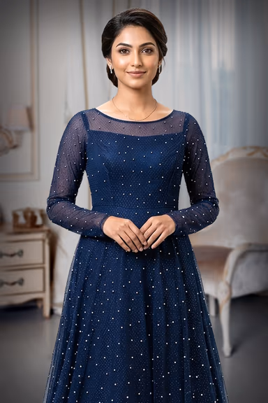 Navy Blue Net Gown with Pearl Detailing — view 1 of 2