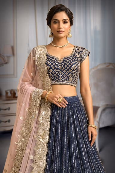 Navy Blue Sequin Lehenga with Zardosi Embroidery and Pearl Butta Dupatta — view 1 of 2