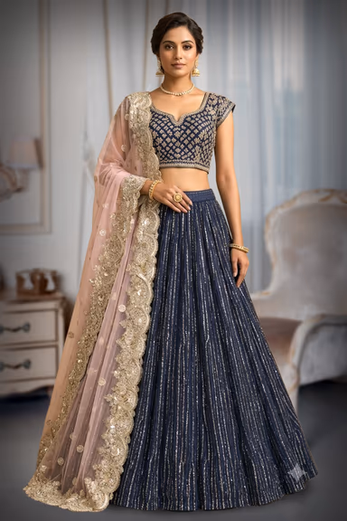 Navy Blue Sequin Lehenga with Zardosi Embroidery and Pearl Butta Dupatta — view 2 of 2