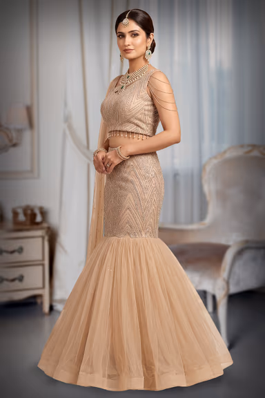 Netted Fish Cut Lehenga with Stonework Designer Wing Sleeve Blouse — view 3 of 3