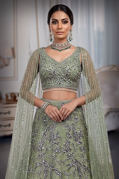 Olive Green Pre Wedding Lehenga With Net Extended Cape Sleeve — view 1 of 2