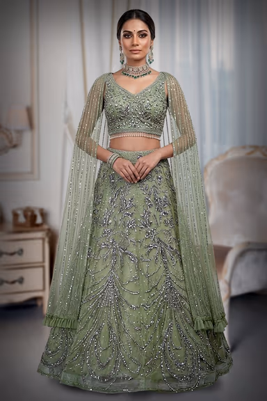 Olive Green Pre Wedding Lehenga With Net Extended Cape Sleeve — view 2 of 2