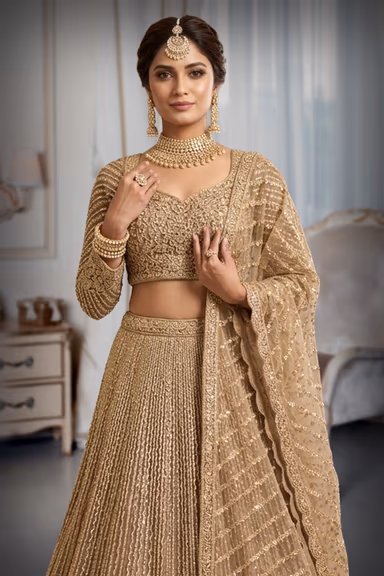 Opulent Metallic Gold Net Bridal Lehenga Set with Mirror-Work Blouse & Geometric Lattice Dupatta — view 1 of 2