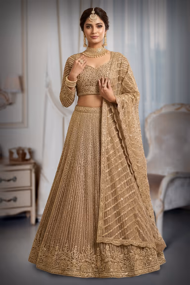 Opulent Metallic Gold Net Bridal Lehenga Set with Mirror-Work Blouse & Geometric Lattice Dupatta — view 2 of 2