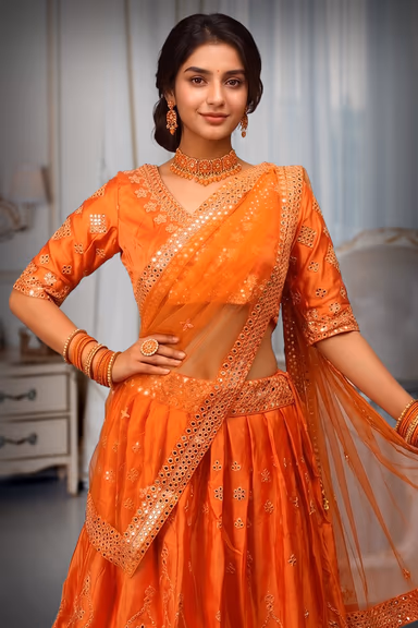 Orange Minimal Lehenga With Mirror Work Embellishment And Net Dupatta — view 1 of 3