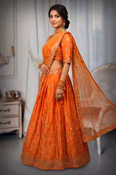Orange Minimal Lehenga With Mirror Work Embellishment And Net Dupatta — view 3 of 3