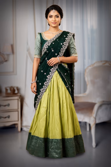 Parrot Green Half Saree with Bottle Green Handwork Blouse and Silver Embroidered — view 2 of 3