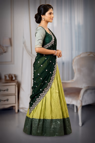 Parrot Green Half Saree with Bottle Green Handwork Blouse and Silver Embroidered — view 3 of 3