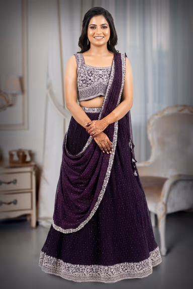 Deep Wine/Plum Pleated Georgette Lehenga with Pre-attached Drape — view 2 of 3