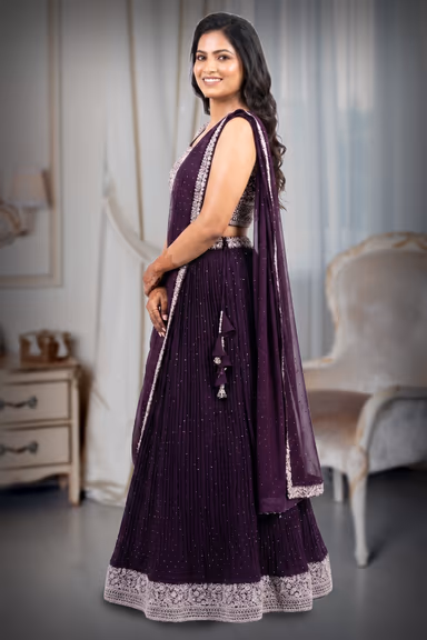 Deep Wine/Plum Pleated Georgette Lehenga with Pre-attached Drape — view 3 of 3