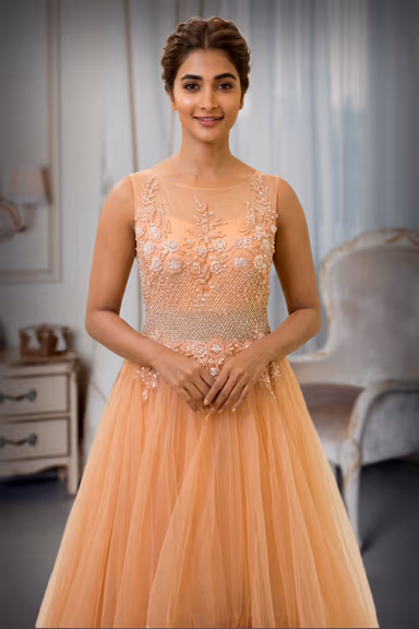 Pastel Peach Net Gown with 3D Floral Appliqué and Tiered Ruffles — view 1 of 2