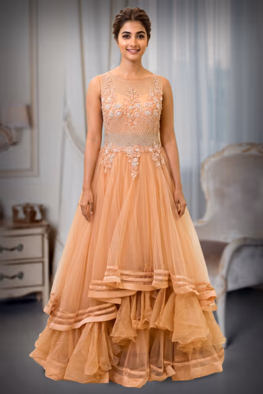 Pastel Peach Net Gown with 3D Floral Appliqué and Tiered Ruffles — view 2 of 2