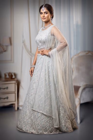 Pastel Blue Net Lehenga With Threadwork Details All Over The Skirt And Top Along With Same Color Dupatta — view 3 of 3