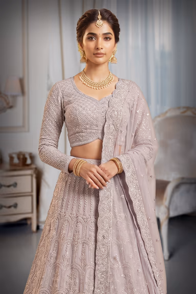 Pastel Lilac Lehenga with Threadwork, Pearl Embellishments and Cutwork Dupatta — view 1 of 3