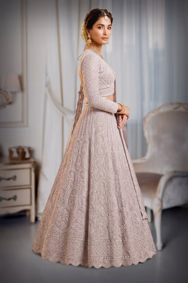 Pastel Lilac Lehenga with Threadwork, Pearl Embellishments and Cutwork Dupatta — view 3 of 3