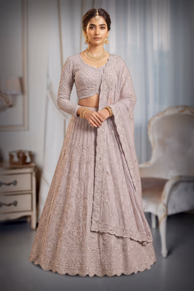 Pastel Lilac Lehenga with Threadwork, Pearl Embellishments and Cutwork Dupatta — view 2 of 3