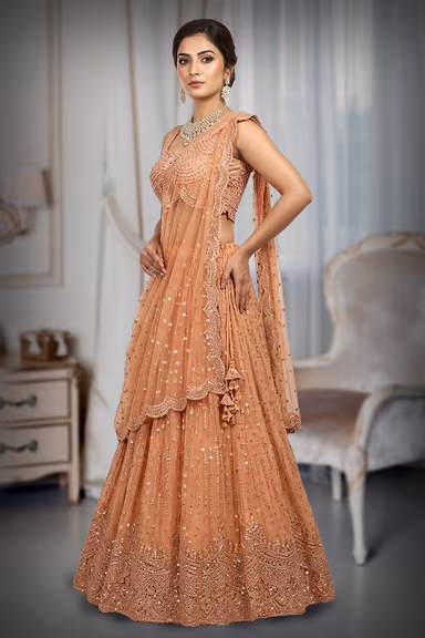 Pastel Peach Georgette  Heavy Worked Lehenga — view 3 of 3