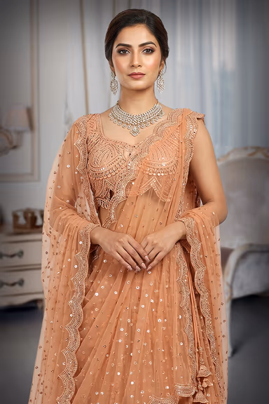 Pastel Peach Georgette  Heavy Worked Lehenga — view 1 of 3