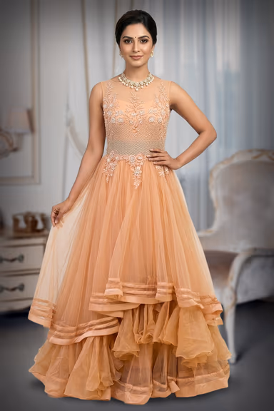 Pastel Peach Net Gown with 3D Floral Appliqué and Tiered Ruffles — view 2 of 2