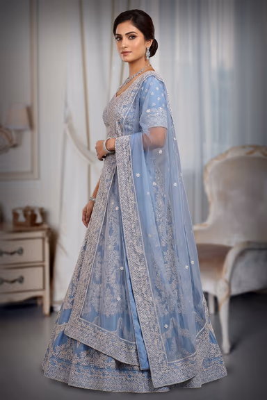 Pastel Powder Blue and White Embroidered Threadwork Lehenga Choli Set — view 3 of 3