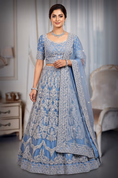 Pastel Powder Blue and White Embroidered Threadwork Lehenga Choli Set — view 2 of 3