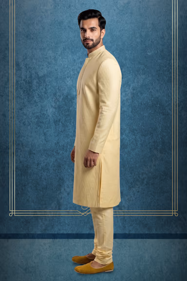 Pastel Yellow Jacquard Silk Kurta Set with Churidar Pajama — view 3 of 3
