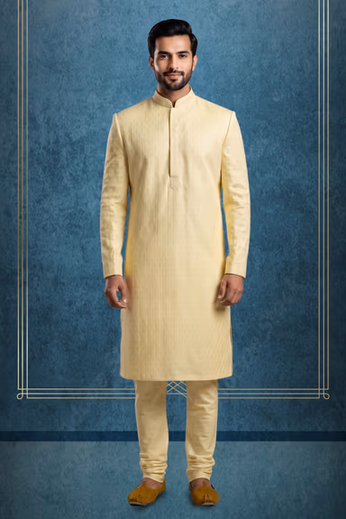 Pastel Yellow Jacquard Silk Kurta Set with Churidar Pajama — view 1 of 3