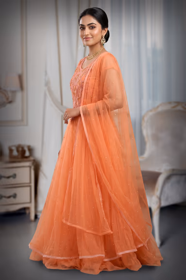 Peach Floral Embroidered Designer Net Gown with Dupatta — view 3 of 3