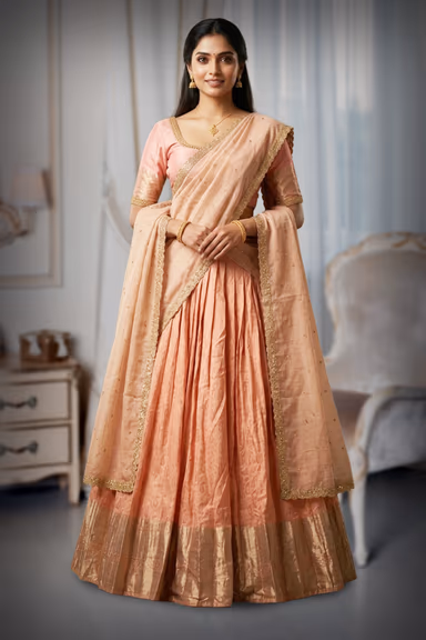 Peach Half Saree with Elegant Golden Border and Matching Dupatta — view 2 of 2