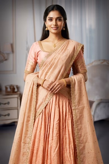 Peach Half Saree with Elegant Golden Border and Matching Dupatta — view 1 of 2