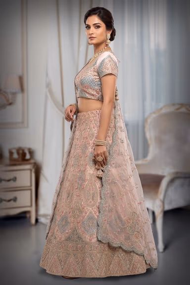 Peach Lehenga with Multicolour Traditional Peacock Embroidery and Elegant Ethnic Work — view 3 of 3