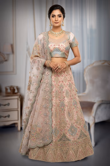 Peach Lehenga with Multicolour Traditional Peacock Embroidery and Elegant Ethnic Work — view 2 of 3