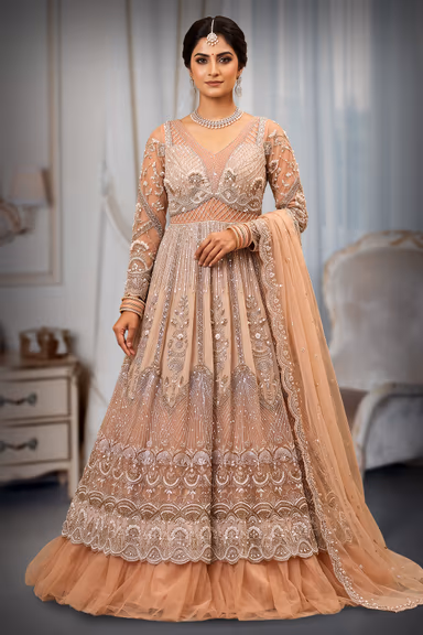 Peach Rose Gold Embroidered Bridal Anarkali Gown — view 2 of 2