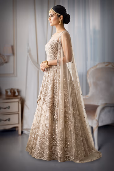 Peach Sharara Lehenga with Heavy Sugar Bead Leaf Embroidery and Tassel Dupatta — view 3 of 3