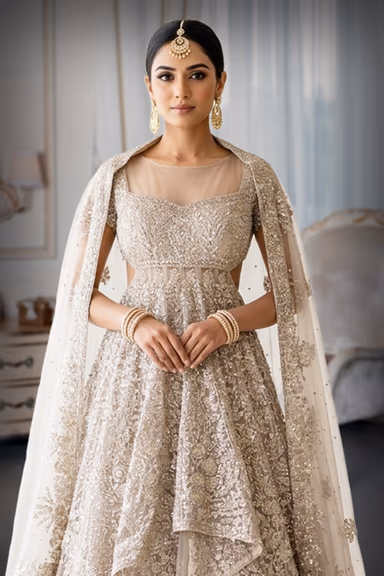 Peach Sharara Lehenga with Heavy Sugar Bead Leaf Embroidery and Tassel Dupatta — view 1 of 3