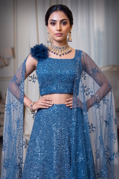 Peakcock Wedding Lehenga With Intricate Thread Work Details Along With Same Color Dupatta — view 1 of 2