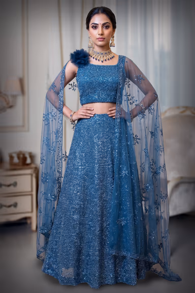 Peakcock Wedding Lehenga With Intricate Thread Work Details Along With Same Color Dupatta — view 2 of 2