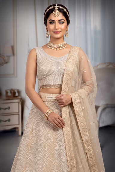 Pearl White Heavy Bridal Lehenga With Stone Work And Pearl Detaii Embellishment — view 1 of 3