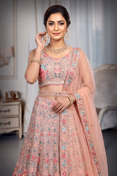 Pink Georgette Lehenga With Heavy Floral Embellishment And Sequin Work That Comes With A Heavy Detailed… — view 1 of 2