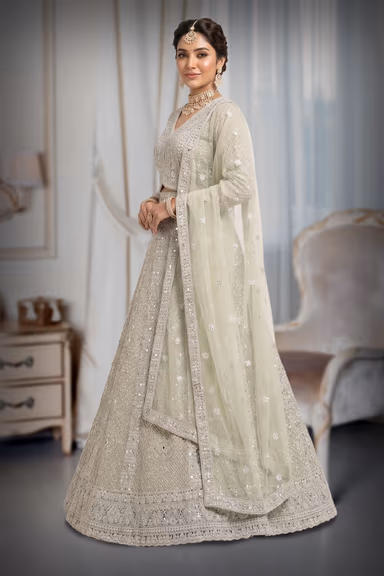 Pista Green Lehenga with Intricate Mirror Work and Pearl Embellishments — view 3 of 3