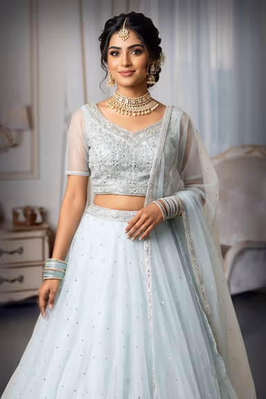 Powder Blue  lehanga with Intricate Hand work on top — view 1 of 3