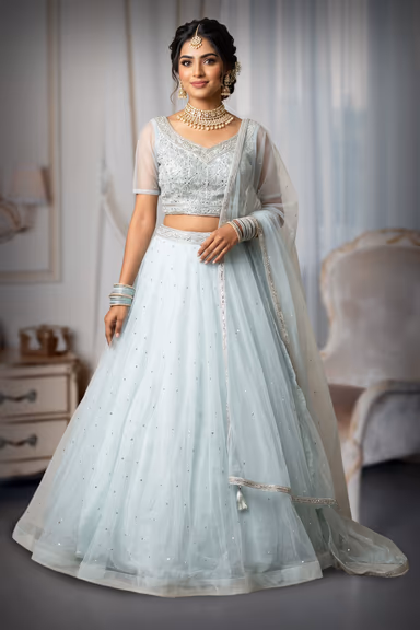 Powder Blue  lehanga with Intricate Hand work on top — view 2 of 3