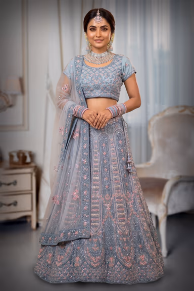 Powder Blue Lehenga with Intricate Stone Work and Netted Dupatta — view 2 of 3