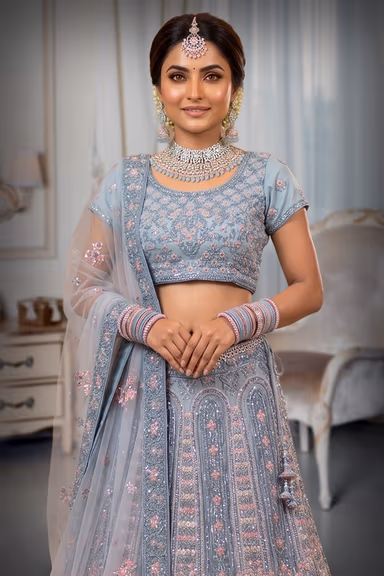 Powder Blue Lehenga with Intricate Stone Work and Netted Dupatta — view 1 of 3