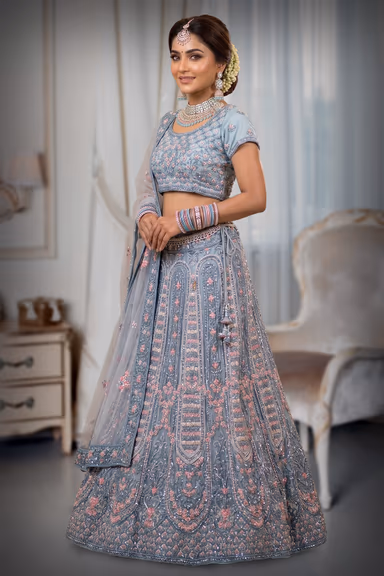 Powder Blue Lehenga with Intricate Stone Work and Netted Dupatta — view 3 of 3
