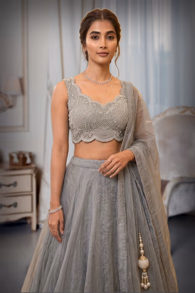 Dark Grey Pre Wedding Lehenga With Exquisite Stoneworked Crop Top Along With Same Color Dupatta — view 1 of 2