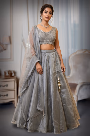 Dark Grey Pre Wedding Lehenga With Exquisite Stoneworked Crop Top Along With Same Color Dupatta — view 2 of 2