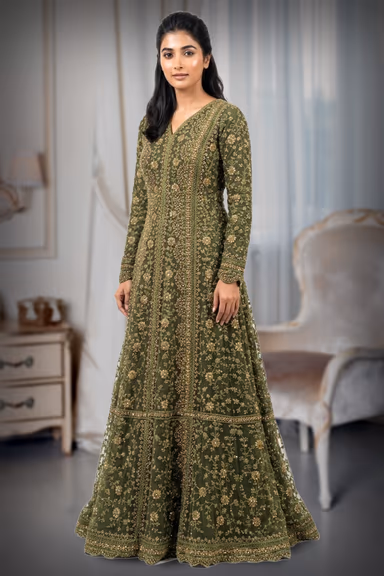 Deep Olive Green Heavily Embellished Floor-Length Anarkali Gown — view 3 of 3